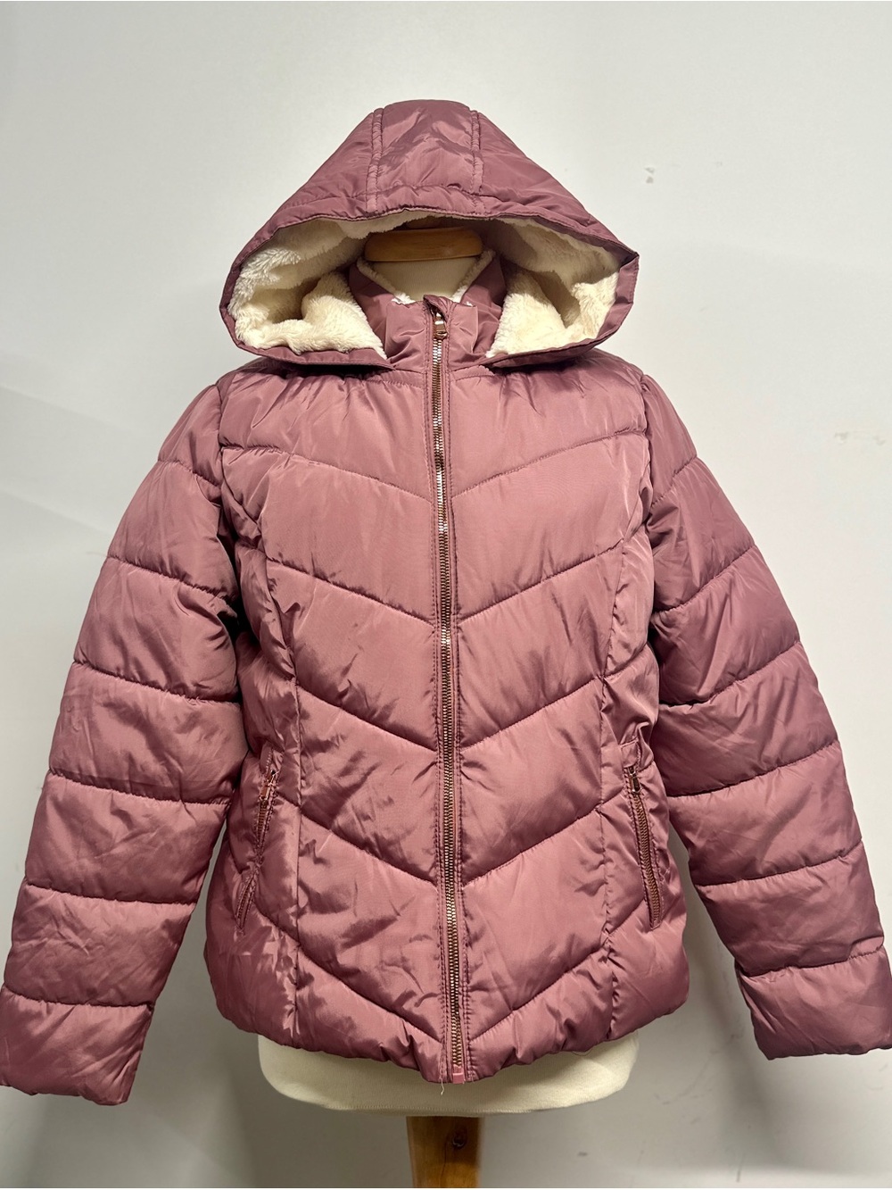 Pink Platinum Women’s L Mauve Puffer Jacket Faux Fur Lined Hooded Coat